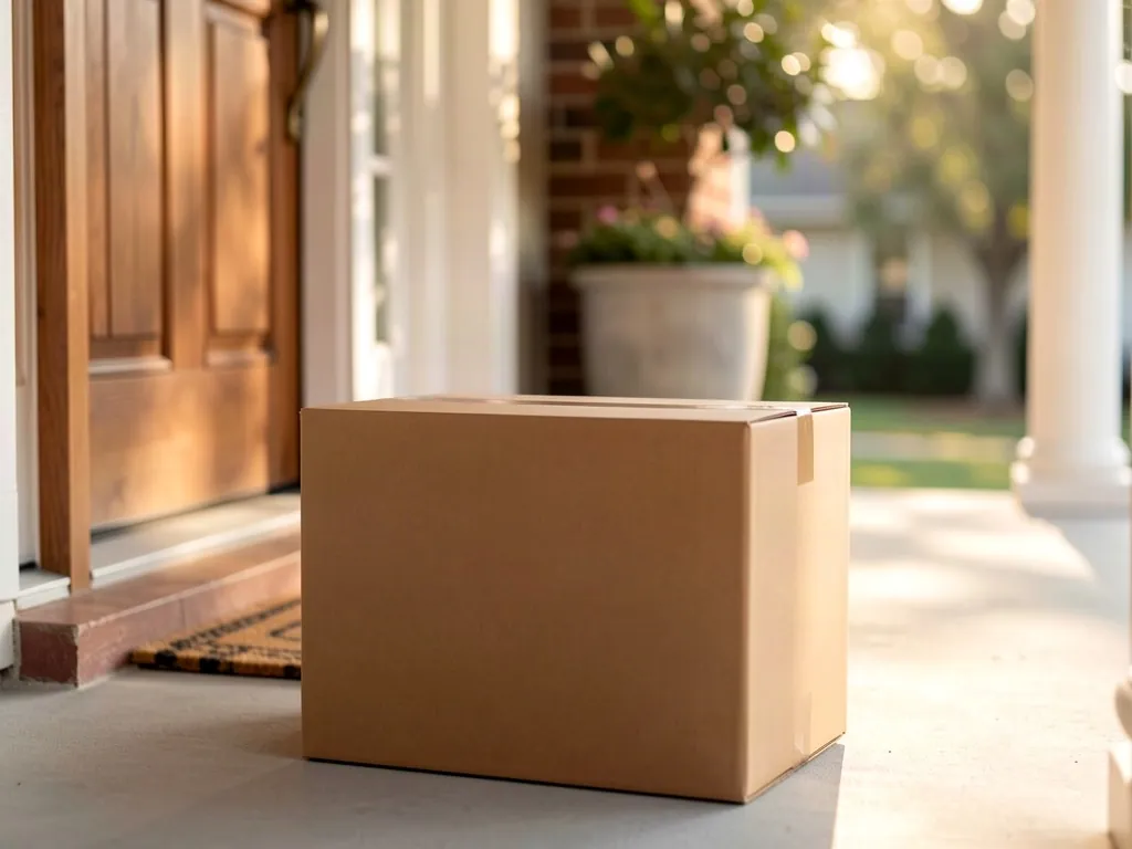 Plain shipping box at a front door, how a prescribed order arrives