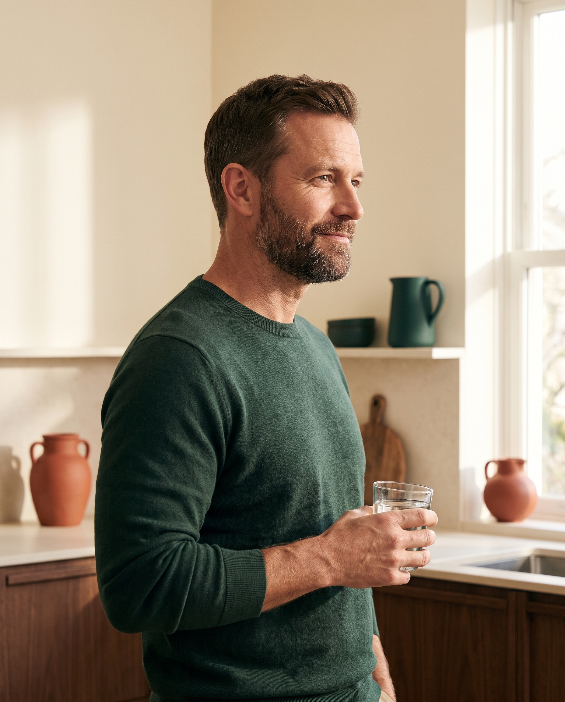 Man in his forties standing in a sunlit kitchen with a glass of water